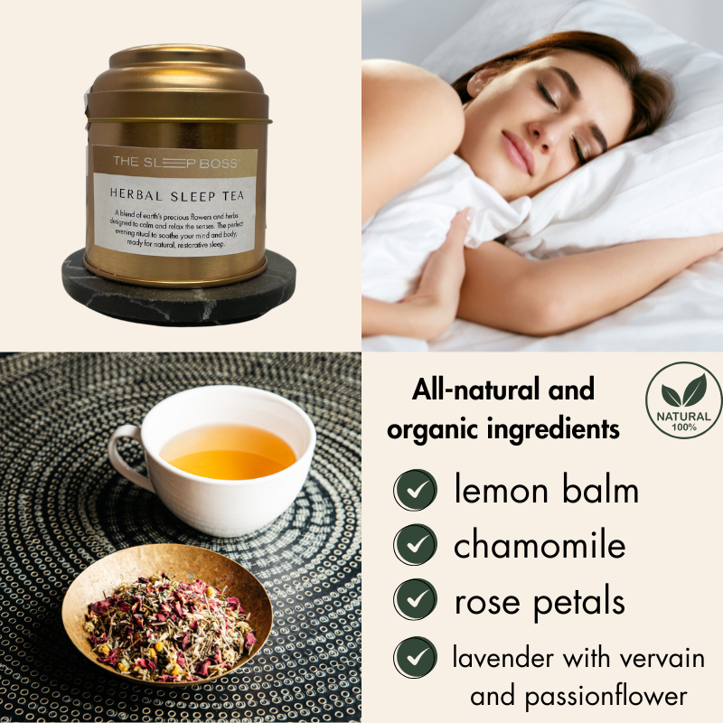 organic sleep tea in a gold reusable tin, organic sleep tea in a cup with buds of chamomile, lavender, and rose petals. Woman sleeping peacefully