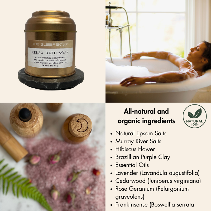 bath soak in a gold reusable tin and its ingredients, woman relaxing in a bath tub