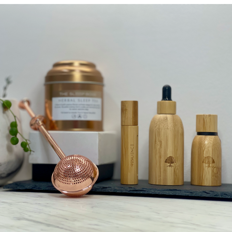 Herbal Sleep tea with Sleep essential oil Collection on marble base