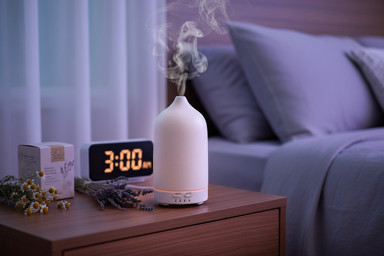White ceramic essential oil diffuser on a bedside table with a lcock showing the time as 3am.
