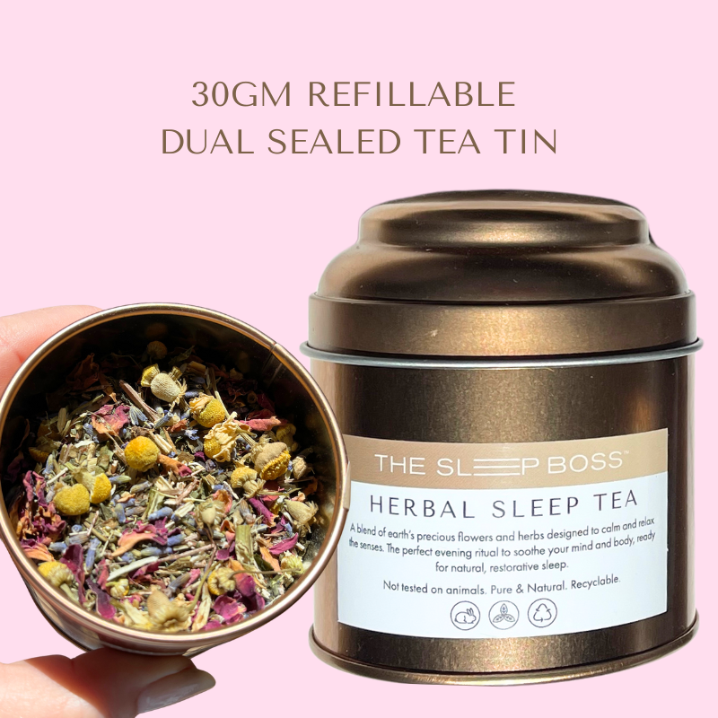 30gm Refilable Dual Sealed Tea Tin showing herbal tea ingredients