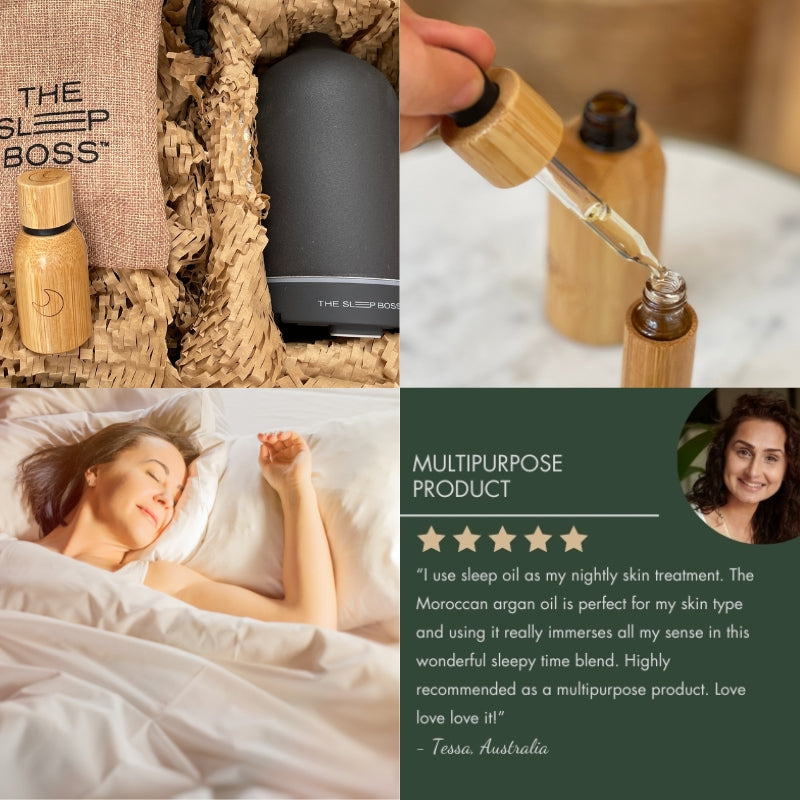 pure essential oil with black ceramic diffuser in a package, woman sleeping peacefully, and 5 star review