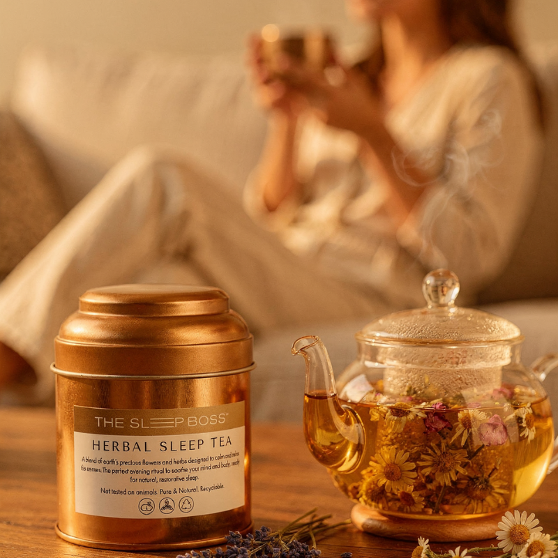 A pot of Herbal Sleep Tea on a coffee table evening light
