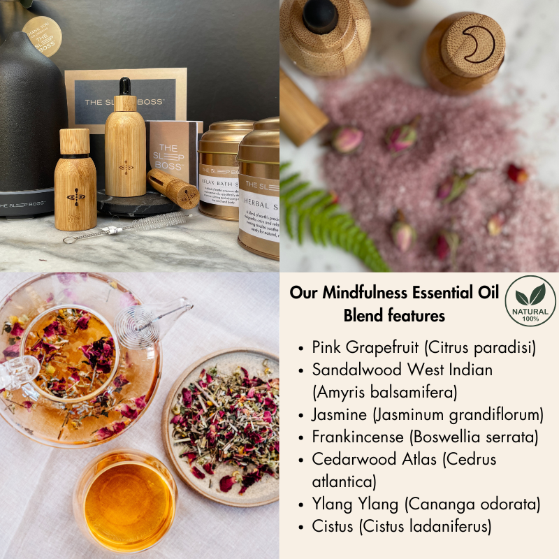 luxury gift set with herbal tea and bath soak beside it and its features