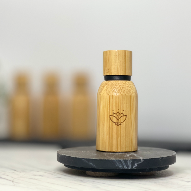 15ml Meditation Blend Pure Essential Oil encased in bamboo reflecting eco-friendly elegance.