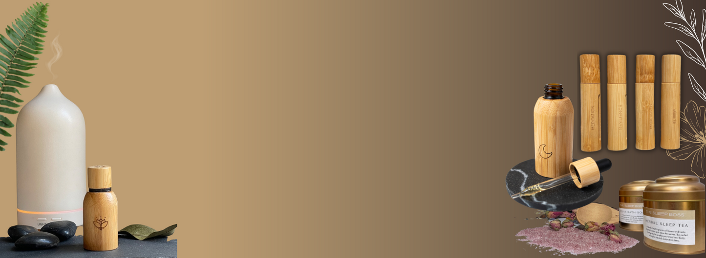 white ceramic diffuser with bamboo oil rollers, bamboo oil blends with sleep tea and bath soak in can