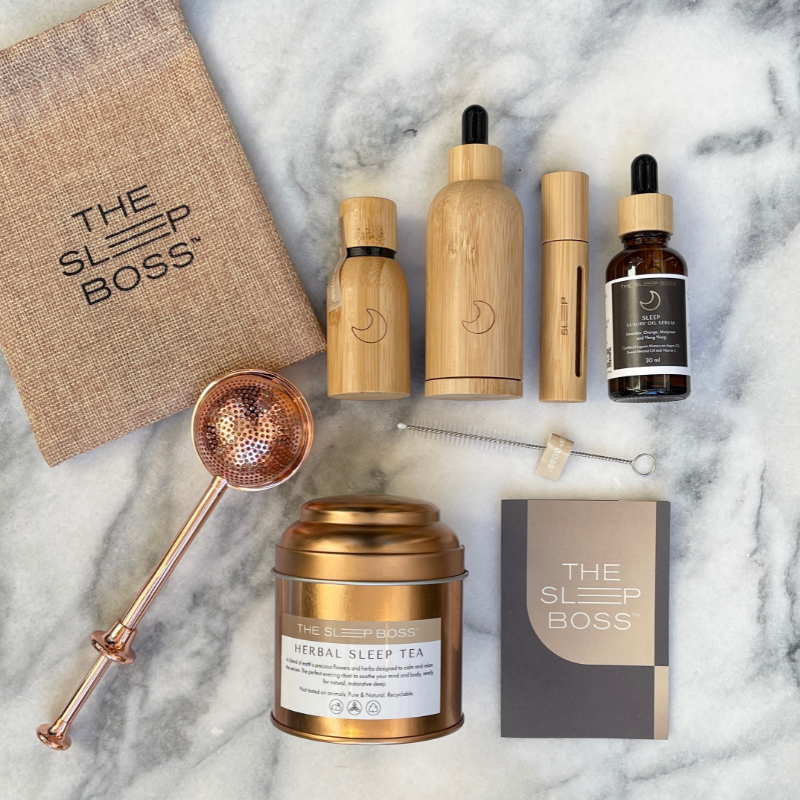 Herbal Sleep tea with Sleep essential oil Collection on marble base