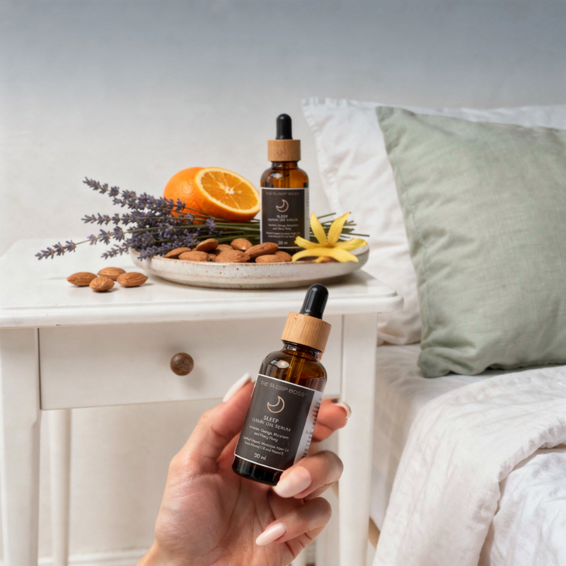 Hands holding the Sleep Luxury Oil in Bedroom
