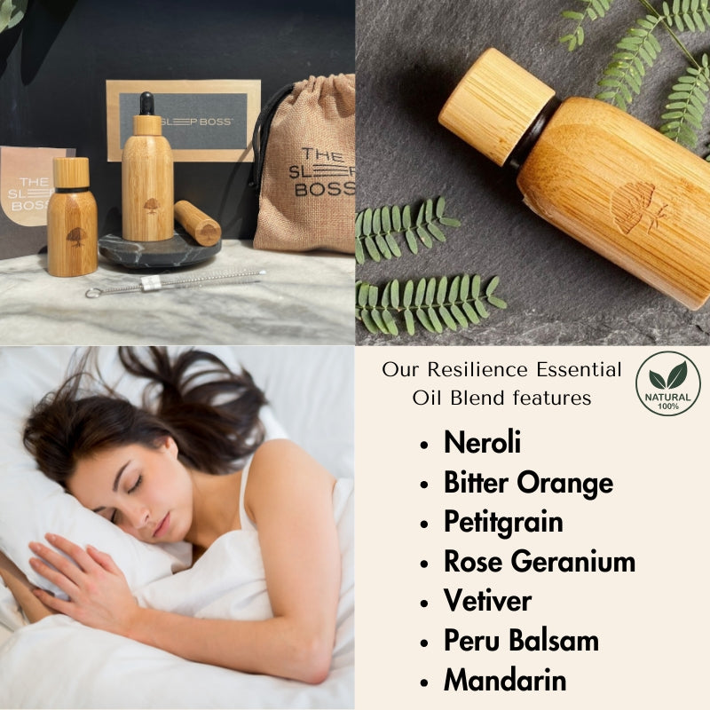 bamboo oil set and its features, woman sleeping peacefully